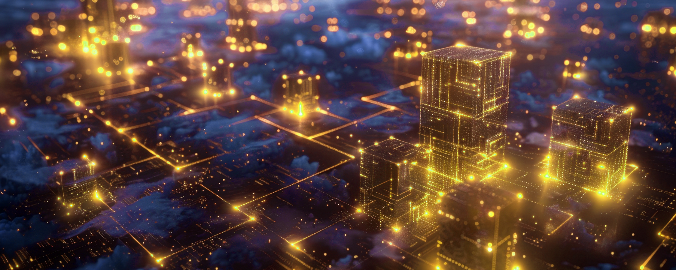 Illustration of a city made of lines and points of light.